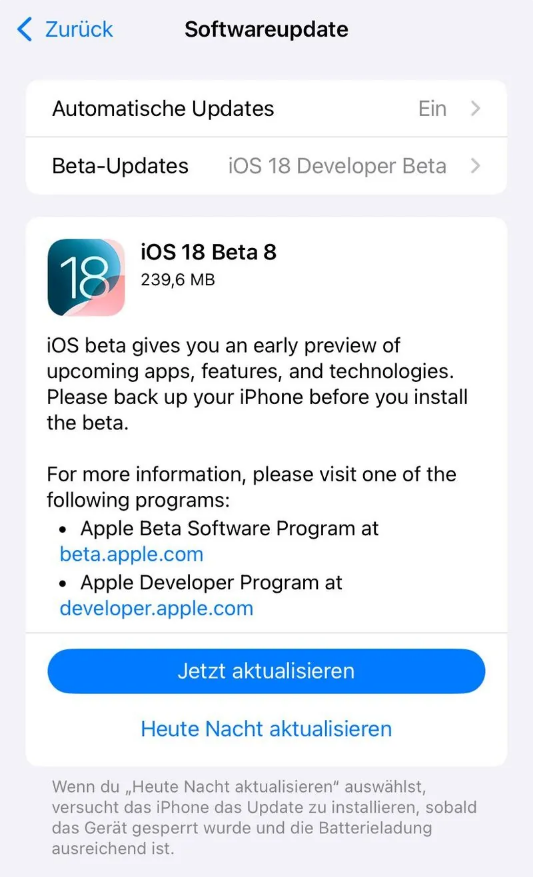 古镇镇苹果手机维修分享苹果 iOS / iPadOS 18 开发者预览版 Beta 8 发布 